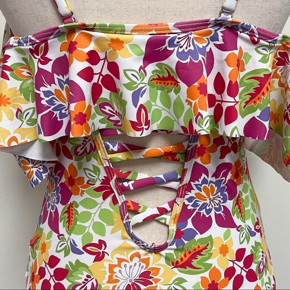 Shein Flounce Cold Shoulder One Piece Floral Bathing Suit NWOT Small Ruching - Picture 9 of 12